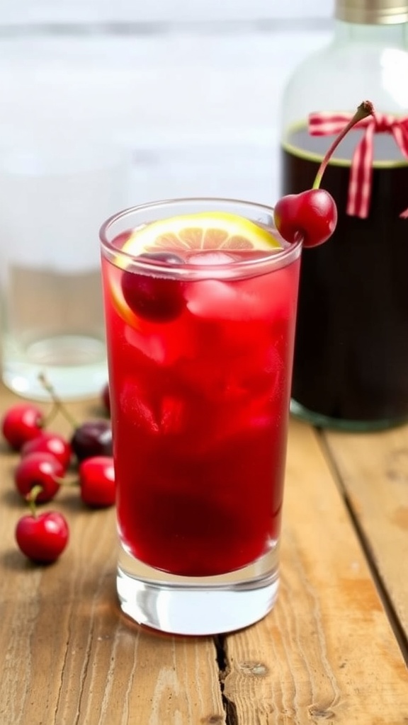 A Bourbon Sour Cherry Smash cocktail in a glass with lemon and cherries, set on a wooden table.